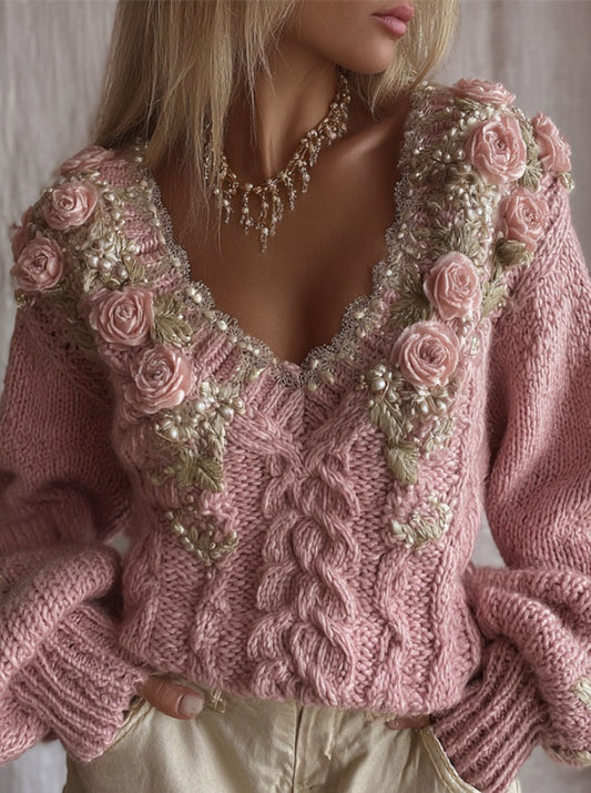 Camisola de Malha Trançada Rose Blossom - Lumiar Vintage